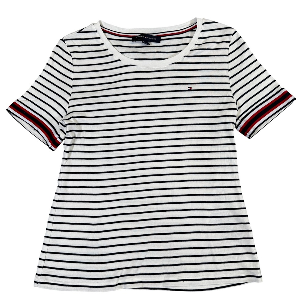 Tommy Hilfiger Womens Striped Crew Neck T-Shirt White Navy Red Size L